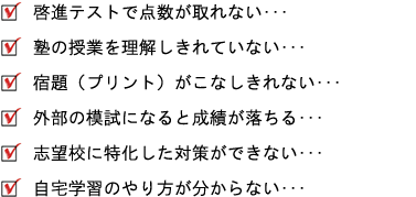 「 啓進テストで点数が取れない・・・」「塾の授業を理解しきれていない・・・」「宿題(プリント)がこなしきれない・・・」「外部の模試になると成績が落ちる・・・」「志望校に特化した対策ができない・・・」「自宅学習のやり方が分からない・・・」
